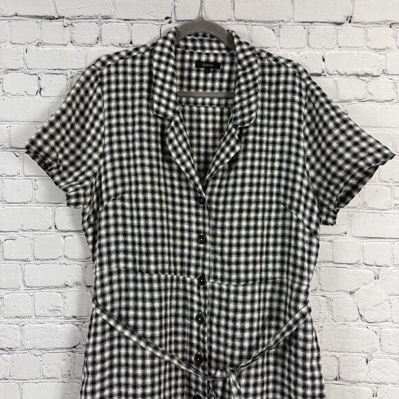 QUINCE 100% European Linen Button Front Dress Khaki Black Gingham L - Picture 5 of 13